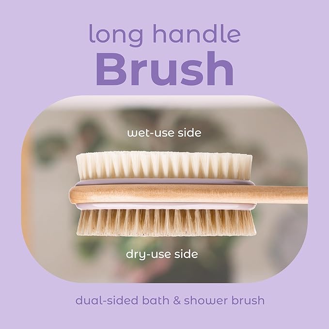 MainBasics Back Scrubber for Shower – Long Handle Dual-Sided Brush for Body Wash & Scrubbing with Exfoliating & Soft Bristles (Lavender, Wood)