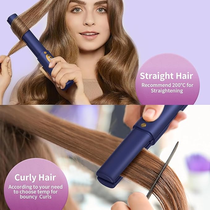 OBEST Cordless Hair Straighteners Curler 2 in 1, Rechargeable Portable Titanium Hair Straightener, 3 Adjustable Temperatures, Quick Heating, 5000mAh Type-C