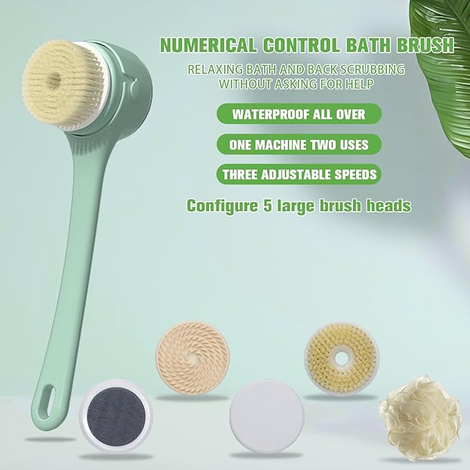 Electric Body Brush Back Scrubber, Waterproof Long-Handle 5-Head Electric Body Scrubber, Rechargeable Bath Brush and 3 Types of Speed Body scrubbe，for Cleaning Massaging and exfoliating (Green)