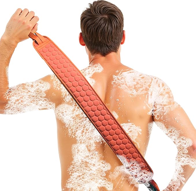 Back Scrubber for Shower with Handles, 40 Inch Extra Long Double-Sided Exfoliating Bath Strap, Textured Body Washer with Extended Reach for Deep Cleaning (Red)