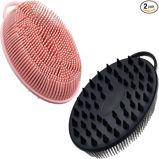 2 Pack Zinc Infused Silicone Body Scrubber for Shower, 2 in 1 Loofah Brush with Massage Nodes for Body Exfoliator, Hygienic, Blood Circulation, Black and Pink