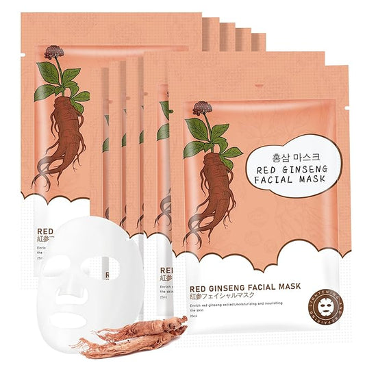 10Pack Sheet Face Masks Skincare for All Skin Types, Moisturizing Hydrating Facial Masks Suitable for Sensitive Skin, Red Ginseng Face Masks for Wrinkles, Fine-Lines, Firmness and Elasticity