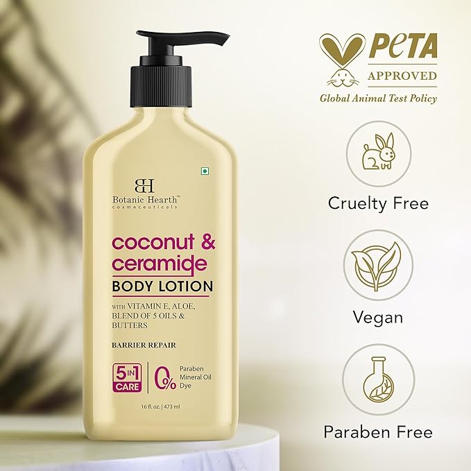 Botanic Hearth Coconut & Ceramide Body Lotion | Barrier Repair with 5 Oil Blend & Butters, Deep Hydration, Paraben Free, 5-in-1 Care, 16 fl oz / 473 ml