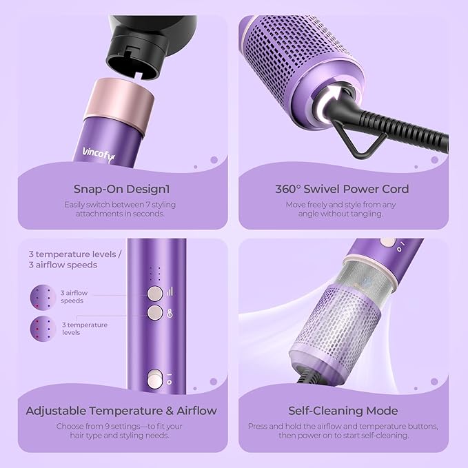 7 in 1 Blow Dryer Brush Set – Hot Air Styler for Fast Drying, Curling, Straightening & Volumizing – Ionic Hair Dryer Brush with 1500W Power – No Heat Damage for All Hair Types – Lilac