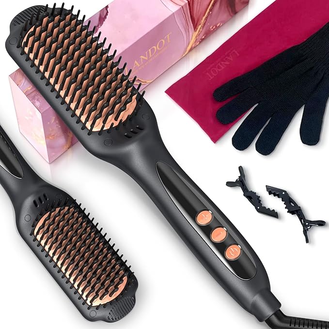 LANDOT Hair Straightener Brush for Thick Curly Hair - Ionic Ceramic Straightening Brush with Dense Bristles & 12 Temp Settings, Dual Voltage, Fast Heating for Frizz-Free Smooth Hair, Black