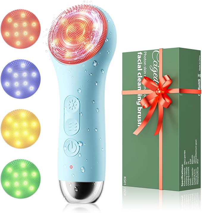 Facial Cleansing Brush Electric Face Scrubber - Rechargeable Face Cleansing Brush with 4 LED Gentle Light Silicone Heat and Vibration Exfoliator Massage Deep Cleansing,IPX7 Waterproof,Ideal Gift﻿