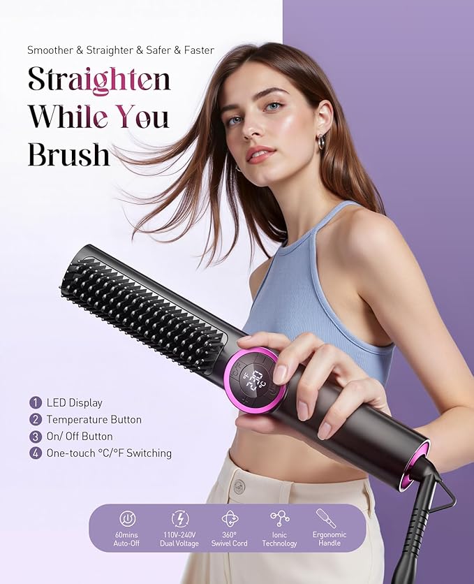 Hair Straightener Brush: Upgraded Straightening Comb with Dual Voltage, 16 Temperature Settings & LED Display
