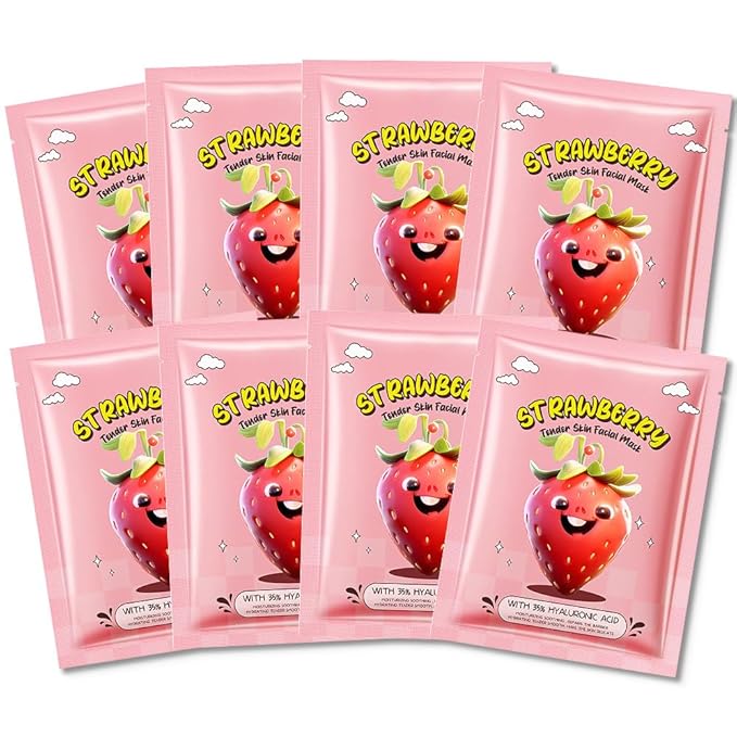 8 PCS Real Hydrating Nature Face Masks Skincare, Hyaluronic Acid, Vitamin C and E, Chamomile, Korean Beauty Essence Facial Paper Sheet Mask for Skin Care Moisturizing (Strawberry)