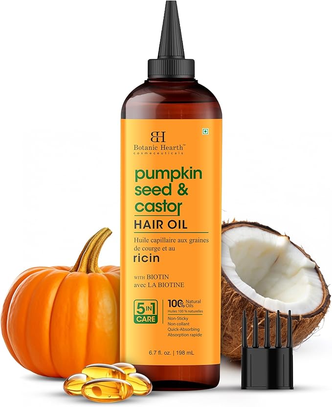 Botanic Hearth 100% Pure Pumpkin Castor Oil for Hair Growth | Infused with Pumpkin, Castor, Biotin | Hair Oil Repairs Dry Damaged Hair, Strengthening, Healthier - Hair Tonic, 6.7 fl oz