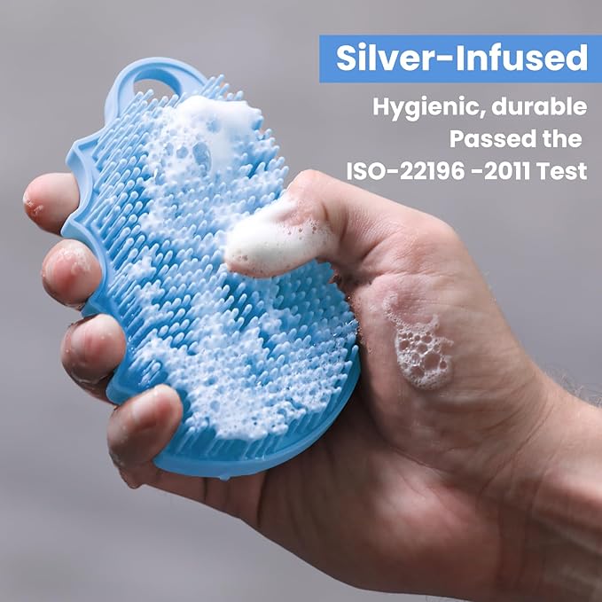 Silicone Body Scrubber Silver-Infused Dual-Sided 3-in-1 for Shower, Body Cleaning+Massage+Exfoliator Body Brush Buffer for Men and Women, Silicone Loofah, Non-Slip Handle (Sky Blue)