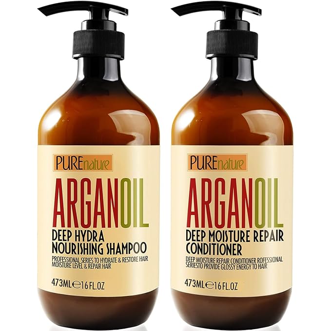 Argan Oil Shampoo and Conditioner Set - Sulfate Free Moroccan Care with Keratin - For Curly, Straight, Dry and Damaged Hair - Moisturizing, Hydrating, Anti Frizz Salon Technology