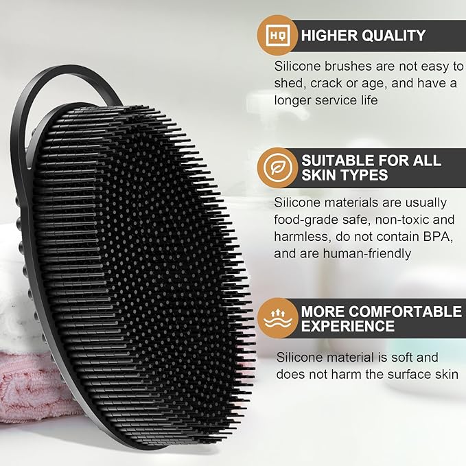 Metene Silicone Exfoliating Body Scrubber with Loop, Body Scrubber for Men and Women, Silicone Loofah for Shower, Soft Silicone for Shower and Bath Skincare Routine (Black)