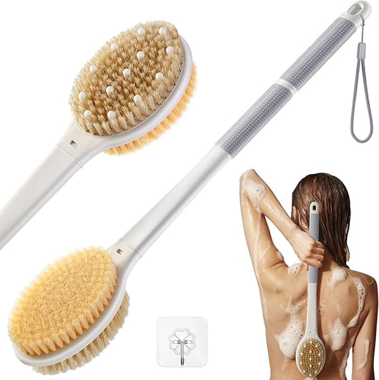Shower Brush for Massage Dry Brushing: Back Scrubber for Shower with 18.1 in Anti Slip Long Handle - Bath Body Brush for Lymphatic Drainage, Exfoliator Improving Skin Health for Women Men Elderly Grey