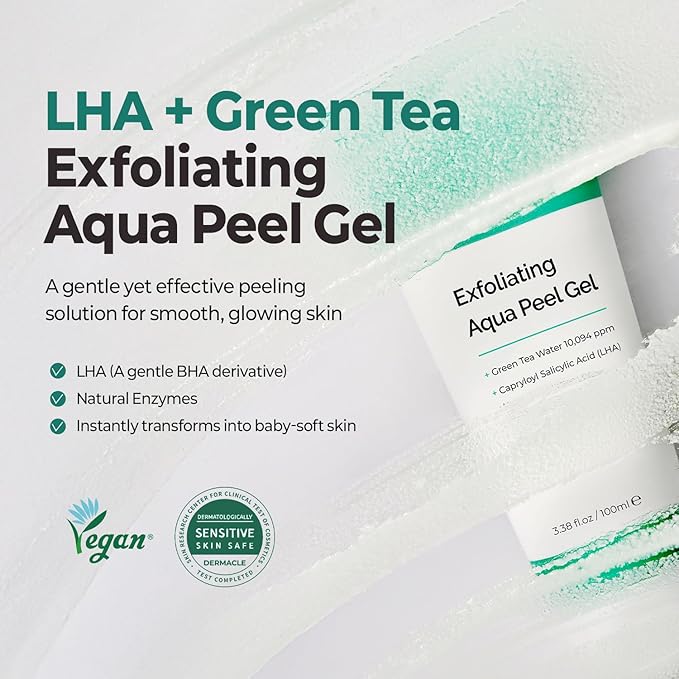 MOTHER MADE LHA Green Tea Exfoliating Aqua Peel Gel, Pore Care, Gentle Facial Exfoliator, Dead Skin Remover, Natural Cellulose for Peeling, Vegan, Korean Skincare, 2 Pack (100ml / 3.38 fl.oz)