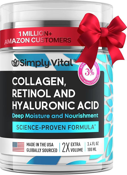 SimplyVital Collagen, Retinol & Hyaluronic Acid Cream - Anti-Aging Retinol Cream for Face, Neck & Décolleté - Made in USA - Daily Moisturizer Face Cream - 3.38 fl oz