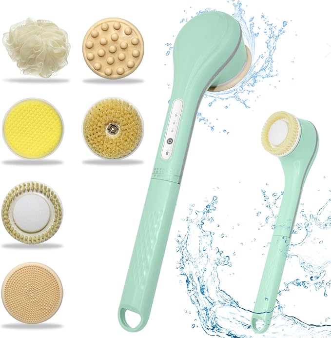 Electric Body Brush, Electric Body Scrubber, Long Handle Body wash applicator, Silicone Back Brush, 6 Shower Brush Heads ，for Cleaning, Massage and Exfoliation (Light Green)