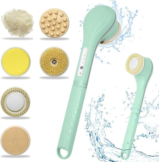 Electric Body Brush, Electric Body Scrubber, Long Handle Body wash applicator, Silicone Back Brush, 6 Shower Brush Heads ，for Cleaning, Massage and Exfoliation (Light Green)
