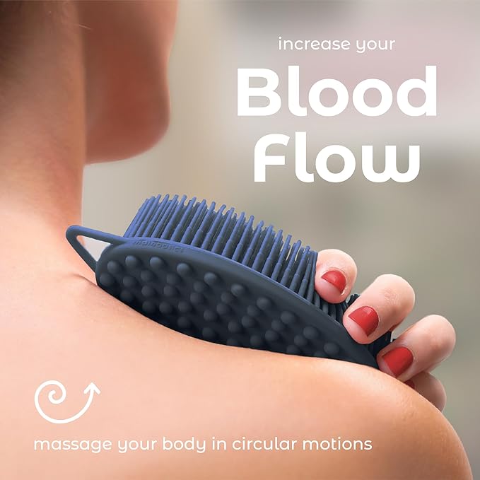 MainBasics Silicone Body Scrubber – Dual-Sided Shower Scrubber with Massage Nodes, Silicone Loofah Alternative for Deep Clean (Dark Blue, Massage)