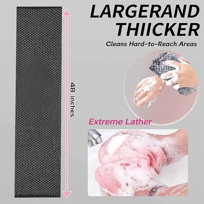 Blissal Exfoliating Shower Towel 47",Premium Scrub Wash Cloth for Body Face,Blissal Shower Towel for Smooth Skin,2-in-1 Exfoliating Washcloth-Body Scrubber with 2 Sides for All Skin Types (Black+Pink)