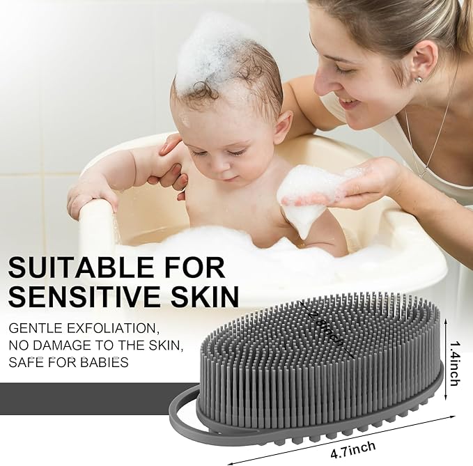 Metene Silicone Exfoliating Body Scrubber with Loop, Body Scrubber for Men and Women, Silicone Loofah for Shower, Soft Silicone for Shower and Bath Skincare Routine (Gray)