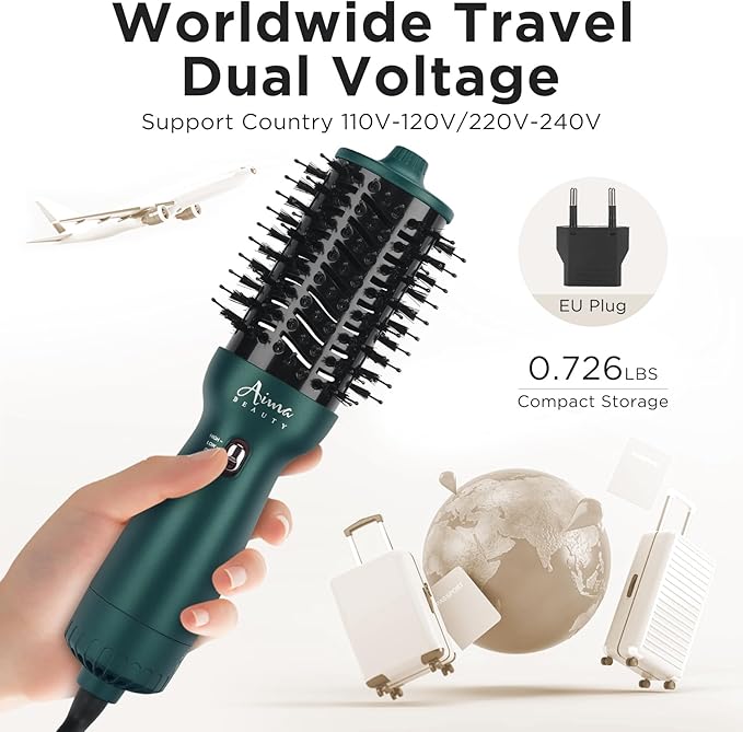 Aima Beauty Hair Dryer Brush Dual Voltage Worldwide Travel Blow Dryer Brush Hot Air Brush Oval Barrel 110-120V/220-240V 360°Airflow,Negative Ionic Frizz-Free Dry/Straightening/Voluming, Dark Green