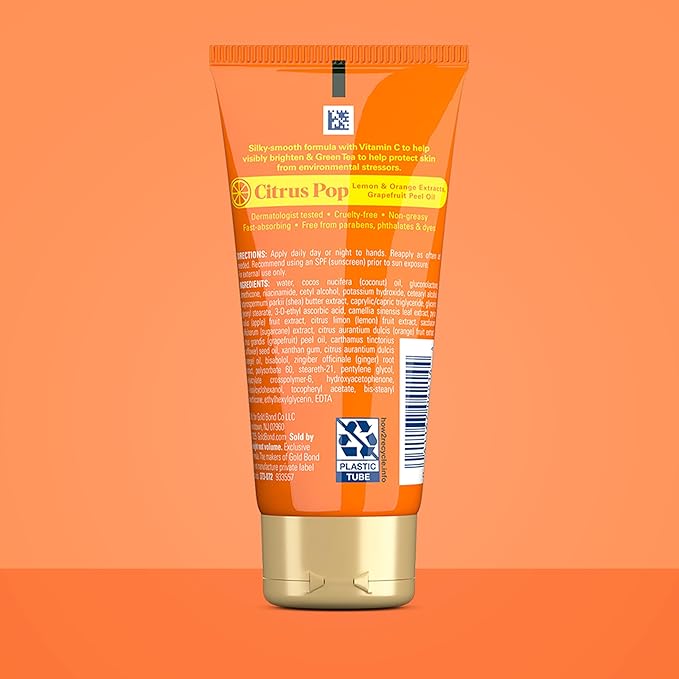 Gold Bond Citrus Pop Glowing Hand Cream, Everyday Hand Cream with Vitamin C to Help Visibly Brighten & Green Tea to Help Protect Skin from Environmental Stressors, Vibrant Citrus Pop Scent, 3 oz, 4 pk