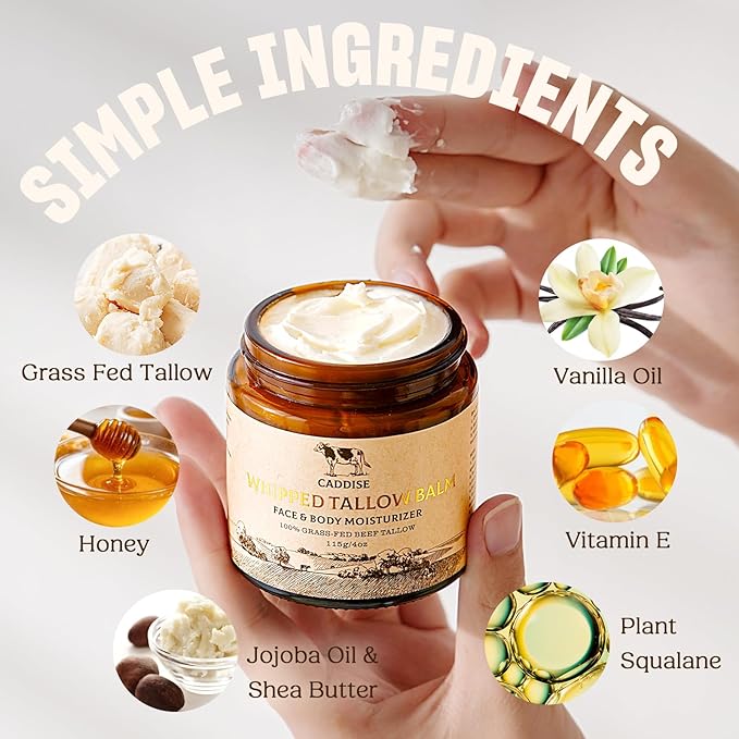 Whipped Beef Tallow for Skin–100% Grass-Fed Handmade Cream Moisturizer for Face & Body, Natural with Honey, Shea Butter, Jojoba Oil, Non-Greasy, Nourishing for Men, Women, Kids, 4 Oz (Vanilla)