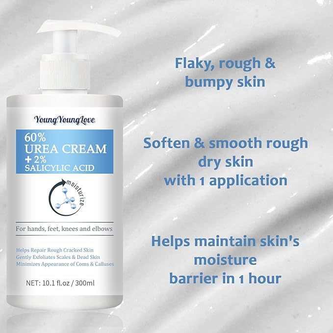 10.1 Oz - 60% Urea plus 2% Salicylic Acid for Hand & Feet Maximum Strength, Deep Moisturizing Urea Foot Cream for Calluses Dry Cracked Feet Heels Knees Elbows Dead Skin, Callus Remover