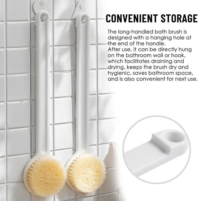 Long Handle Bath Body Brush, Back Scrubber with Soft Bristles for Exfoliating and Massage, Ergonomic, for Wet & Dry Use, Suitable for All Skin Types, 1 PCS, White