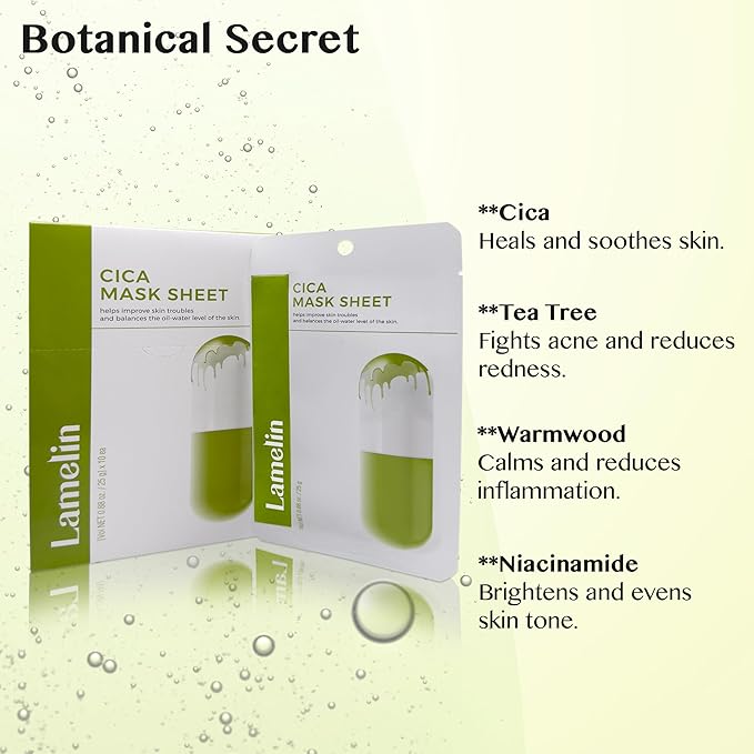 Lamelin Cica Niacinamide Sheet Mask, 10 Pack, Wormwood Tea Trea Anti Aging Skin Elasticity Hydrating Made In Korea
