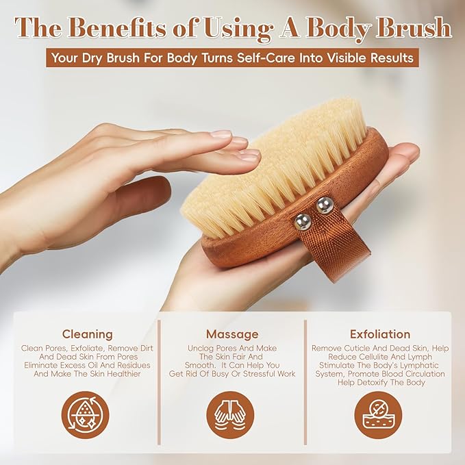 Dry Brushing Body Brush - Natural Boar Bristle Dry Body Brush for Lymphatic Drainage, Cellulite, Blood（Medium Hardness）