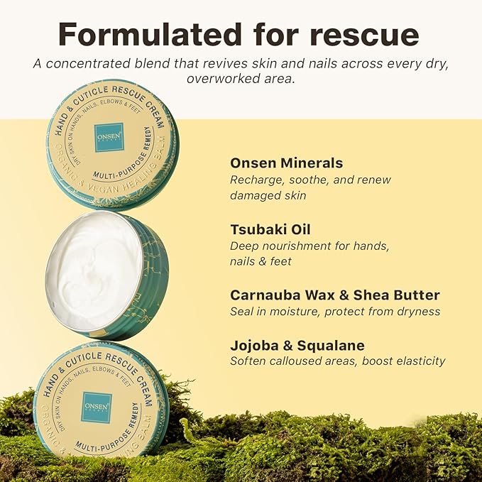 Onsen Hand & Cuticle Rescue Cream | Organic Nail Strengthener & Balm | Dry, Cracked Hands, Elbows & Feet | Shea Butter, Tsubaki & Jojoba Oil | Nail Repair & Growth, Vegan - 1 Pack (0.88 oz)