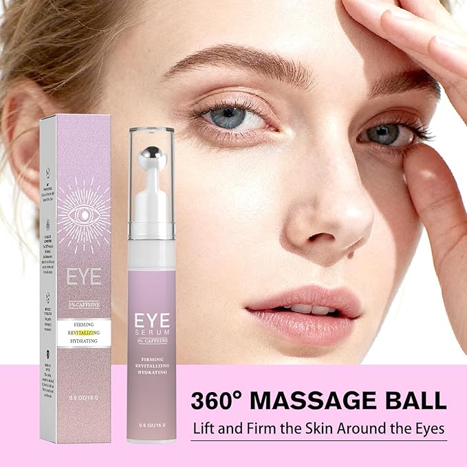 5% Caffeine Eye Serum & Under Eye Roller Cream for Dark Circles and Puffiness Eyes Care Roller Serum with 360° Massage Ball Eyes Treatment Serum for Women