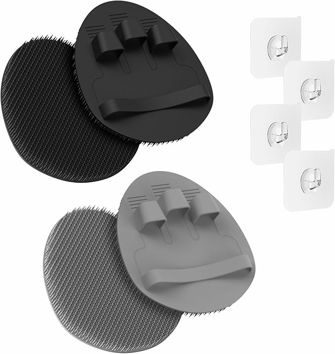 Manmihealth 4 Pack Soft Silicone Shower Brush, Super-Lathering and Deep-Cleaning Body & Face Scrubber, Gentle Exfoliating Bath Glove for All Skin Types, with Free Hooks (Black+Gray)*2