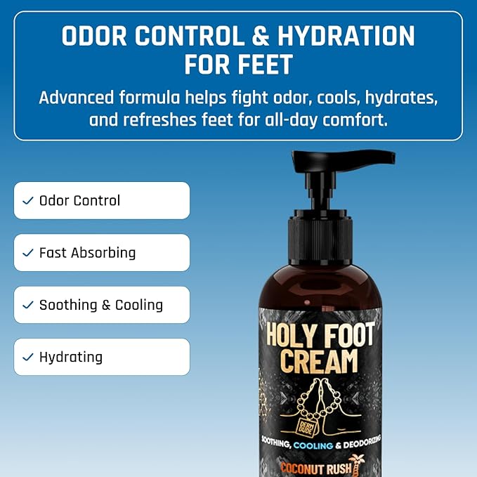 Derm Dude Holy Foot Cream for Dry Cracked Heels and Feet | Moisturizing Lotion Formulated w/All-Natural DeoPlex for Odor Control & Arrowroot for Deep Hydration - Coconut Rush Scent 4oz (1 pack)