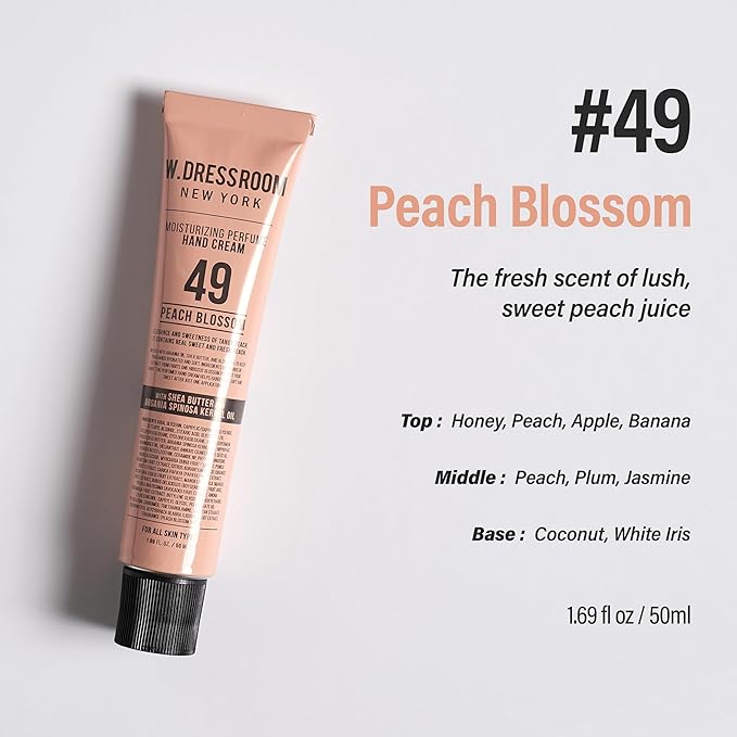W.Dressroom Moisturizing Hand Cream for Dry Hands, Non-Greasy, Quick-Absorbing Korean Hand Lotion, Travel Size 1.69 fl oz (50 ml), No.49 Peach Blossom Scent