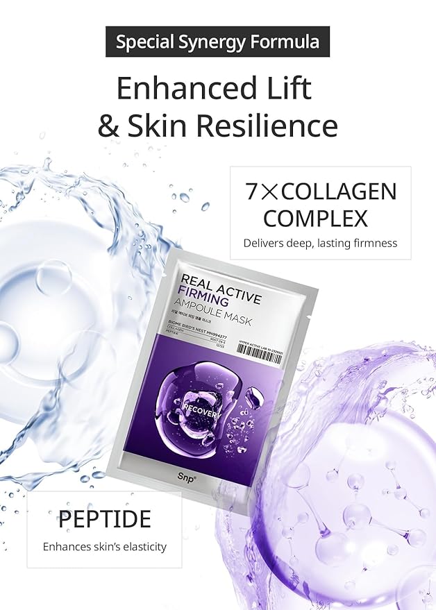 SNP Real Active Firming Ampoule Sheet Mask | Revitalizing and Strengthening for All Skin Types | Vegan Sheet Masks with 7 Collagen and Peptides | Collagen Face Masks Skincare | 10 Sheets