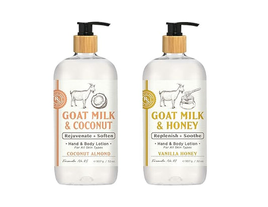 Raes Lil Shop Goats Milk Hand & Body Lotion, Coconut Almond and Vanilla Honey Scents, 32 oz Set of 2 by Home and Body Company