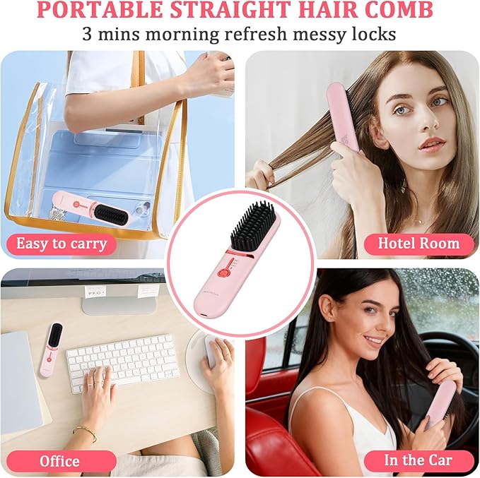 Cordless Hair Straightener Brush - Portable Hair Brush for Travel - 30s Fast Heating - Portable Straightening Brush for Travel, Mini Hot Straightening Comb for Women