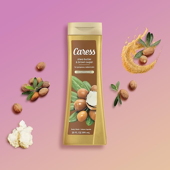 Caress Body Wash, Shea Butter & Brown Sugar, Moisturizing Body Wash for Gorgeous, Radiant Skin, Exfoliating Body Soap Liquid, 20 Fl Oz (Pack of 2)