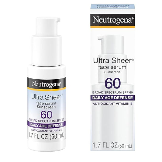 Neutrogena Ultra Sheer Face Sunscreen with Vitamin E & SPF 60, Sunscreen for Face with Broad Spectrum UVA/UVB Protection, Fragrance-Free, Oxybenzone-Free, Water-Resistant (80 minutes), 1.7 Fl Oz