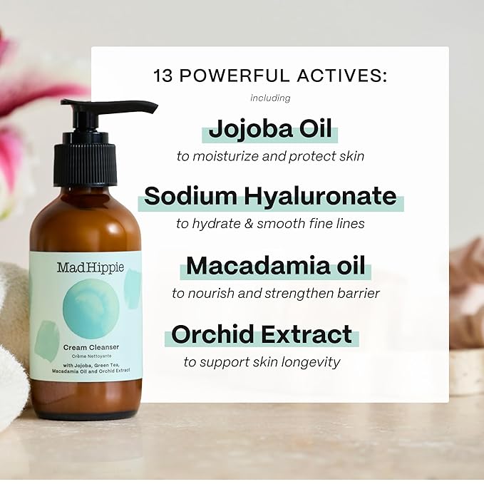 Mad Hippie Cream Cleanser – Gentle Formula with Hyaluronic Acid, Jojoba Oil & Green Tea, Skin Barrier Protection, 4 Oz Ea