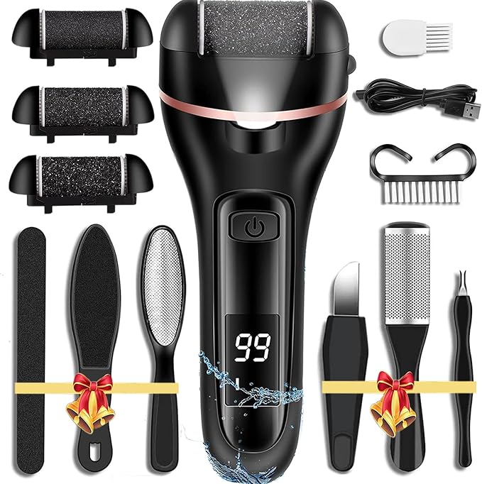 Callus Remover for Feet Electric Foot File, 13-in-1 Professional Pedicure Tools Foot Care Kit, Foot Scrubber Pedi for Hard Cracked Dry Dead Skin, 3 Rollers, 2 Speed, Battery Display (Black)