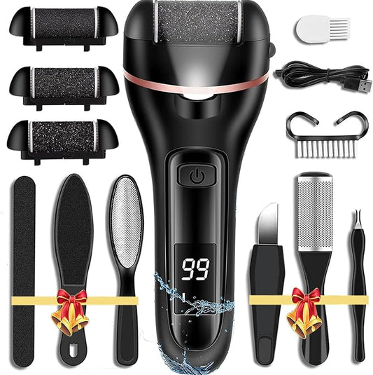 Callus Remover for Feet Electric Foot File, 13-in-1 Professional Pedicure Tools Foot Care Kit, Foot Scrubber Pedi for Hard Cracked Dry Dead Skin, 3 Rollers, 2 Speed, Battery Display (Black)