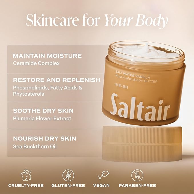 Saltair Multi-Lipid Body Butter - Rich, Nourishing Hydrating Body Cream with Ceramide Complex, Coconut Oil, Shea Butter, and Sea Buckthorn. Moisturizing Dry Skin Care. 10oz Jar - Salt Water Vanilla