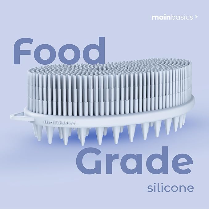 MainBasics Silicone Body Scrubber – Dual-Sided Shower & Scalp Scrubber, Gentle Silicone Loofah Alternative for Deep Clean (Frosted Sky, Scalp)