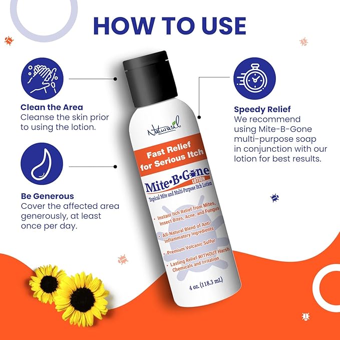 All-Natural Itch Relief by Mite-B-Gone - Sulfur Lotion Treatment for Acne, Bug Bites, Skin Redness & Itching, Discomfort & Rosacea | Safe for Kids and Adults| Fast & Effective for All Skin Types| 4 oz