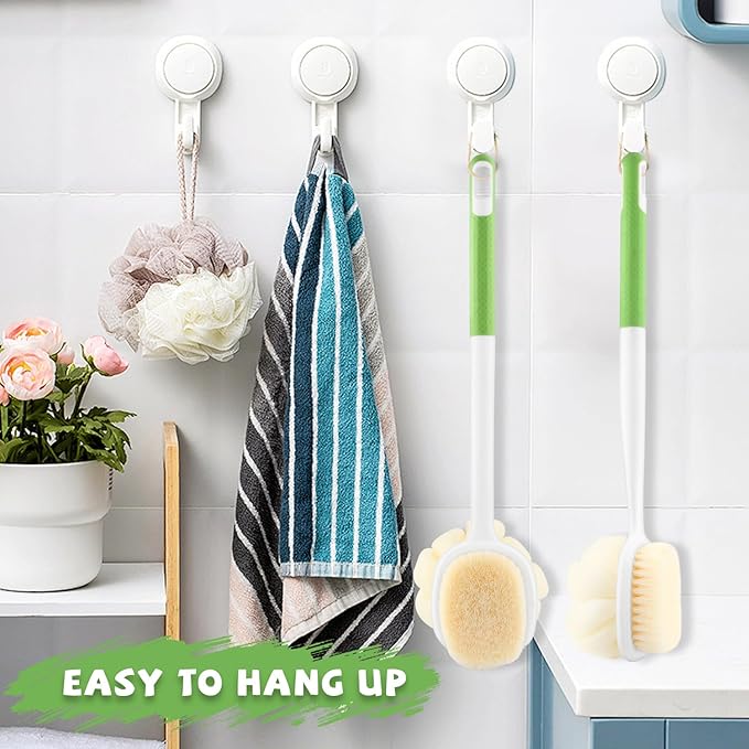 2 Pcs Long Handled Shower Brush Double Sided Bath Brush Massage Body Cleaning Mesh Sponge with Soft Bristles and Loofah for Skin Exfoliating Women Men - Green