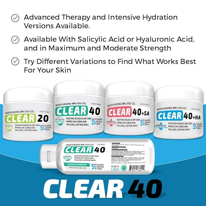 CLEAR 20, 20% Urea Gel, 4 oz w/ Tea Tree & Coconut Oil, Aloe Vera Extract, Callus & Corn Remover Moisturizes & Softens Cracked Heels, Feet, Elbows, Hands, Nails, Superior hydration to Urea Creams