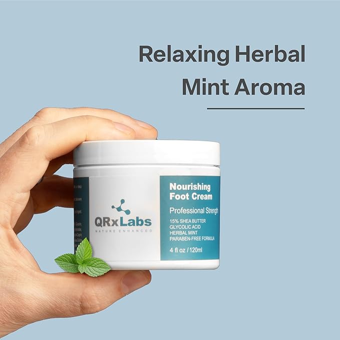 QRxLabs Shea Foot Cream 4 oz - Hydrating & Cooling Formula with 15% Shea Butter, Spearmint, Vitamin E, Glycolic Acid - Non-Greasy, Quick-Absorbing, Paraben-Free - Repair Dry, Cracked Feet